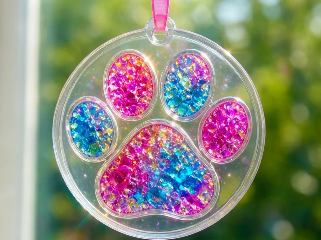 Rainbow Puppy Paw Crystal Suncatcher casting colorful light reflections