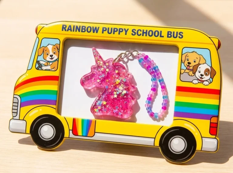 Colorful Rainbow Puppy school bus photo frame for displaying cherished memories