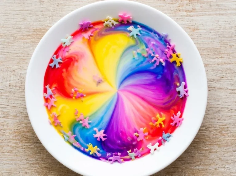 Colorful rainbow unicorn magic milk experiment with vibrant swirls