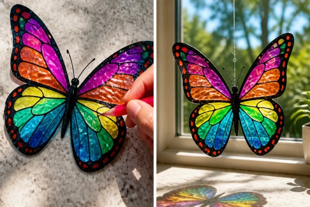 Recycled bottle butterfly suncatcher catching sunlight in a vibrant garden