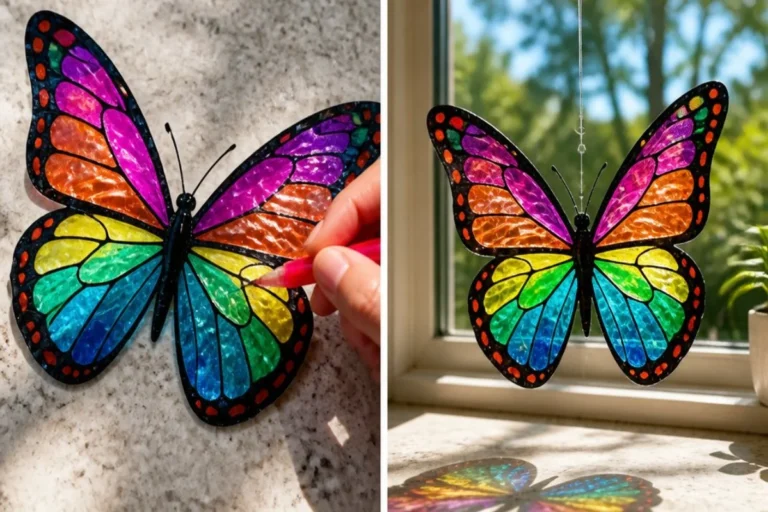 Recycled bottle butterfly suncatcher catching sunlight in a vibrant garden