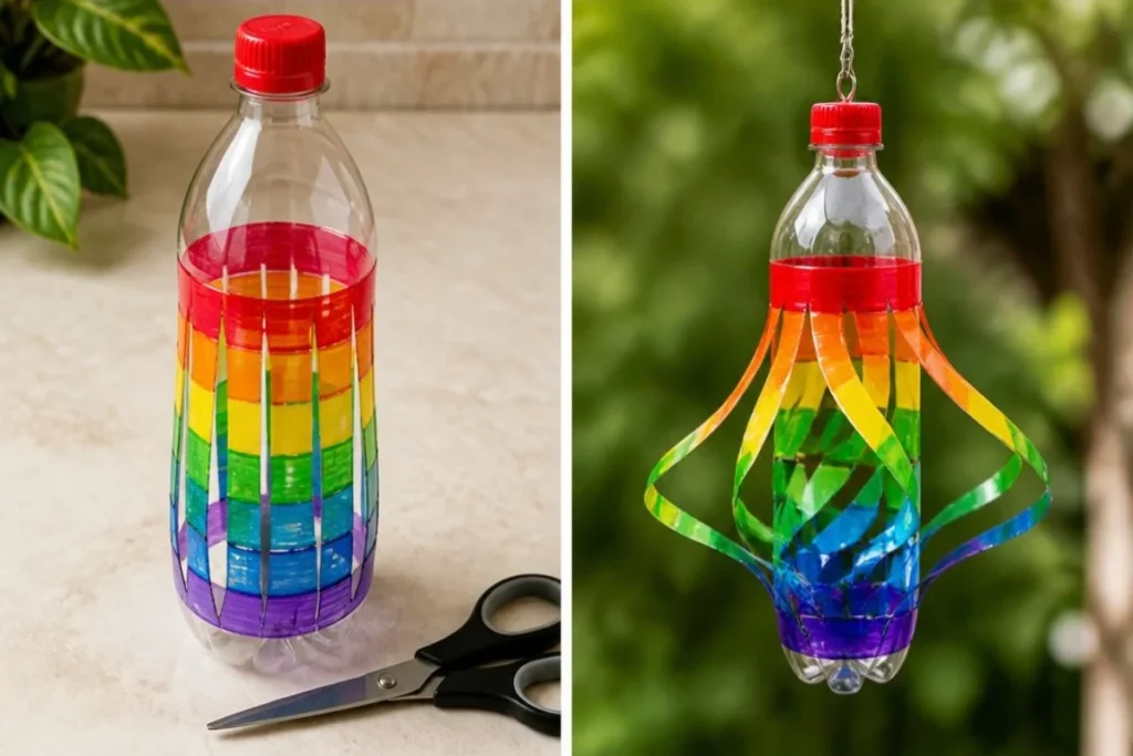 Colorful recycled bottle rainbow wind spinner for garden decor