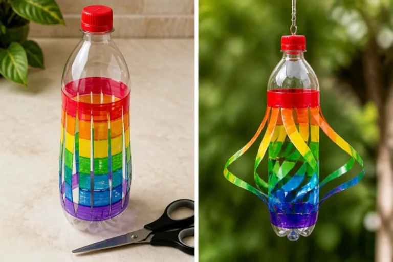 Colorful recycled bottle rainbow wind spinner for garden decor