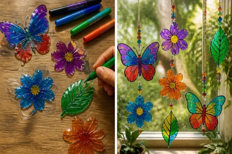 Colorful recycled bottle window art pieces illuminated by sunlight.