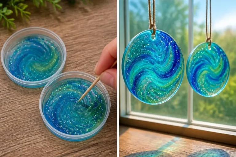 Vibrant suncatchers made from Borax, pipe cleaners, and melted crayons in a Mason jar