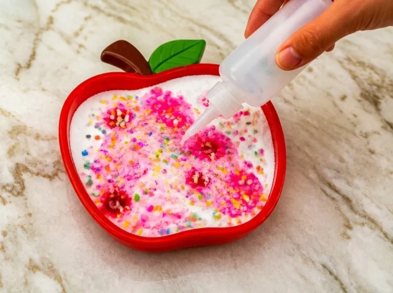 Teacher conducting the Rainbow Apple Fizz experiment with vibrant colors.