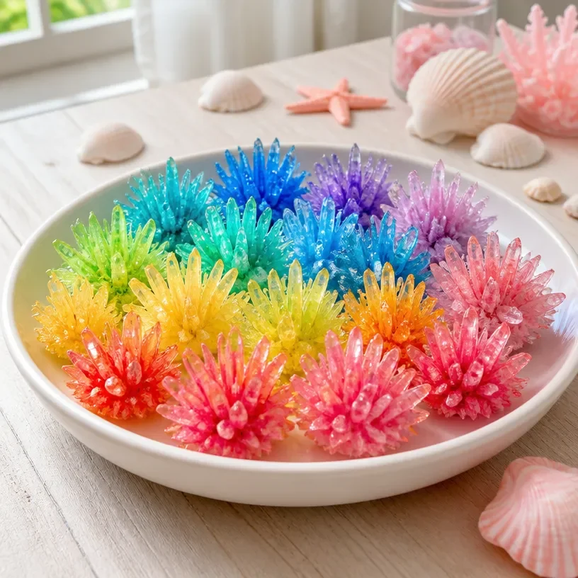 Vibrant Rainbow Crystal Sea Urchins displayed as ocean decor