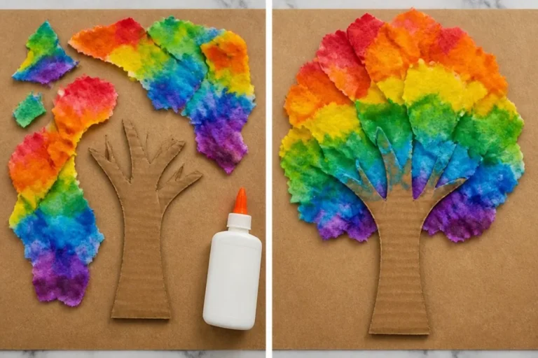 Colorful Walking Rainbow Paper Tree craft project for kids and decor