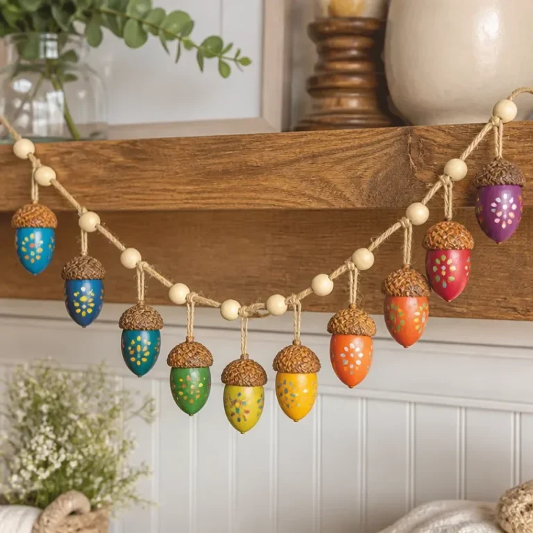 Colorful Mason Jar Garland made with pipe cleaners and melted crayon acorns