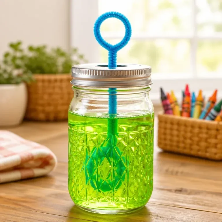 Homemade bubble solution with borax, pipe cleaner, and melted crayon in a mason jar.