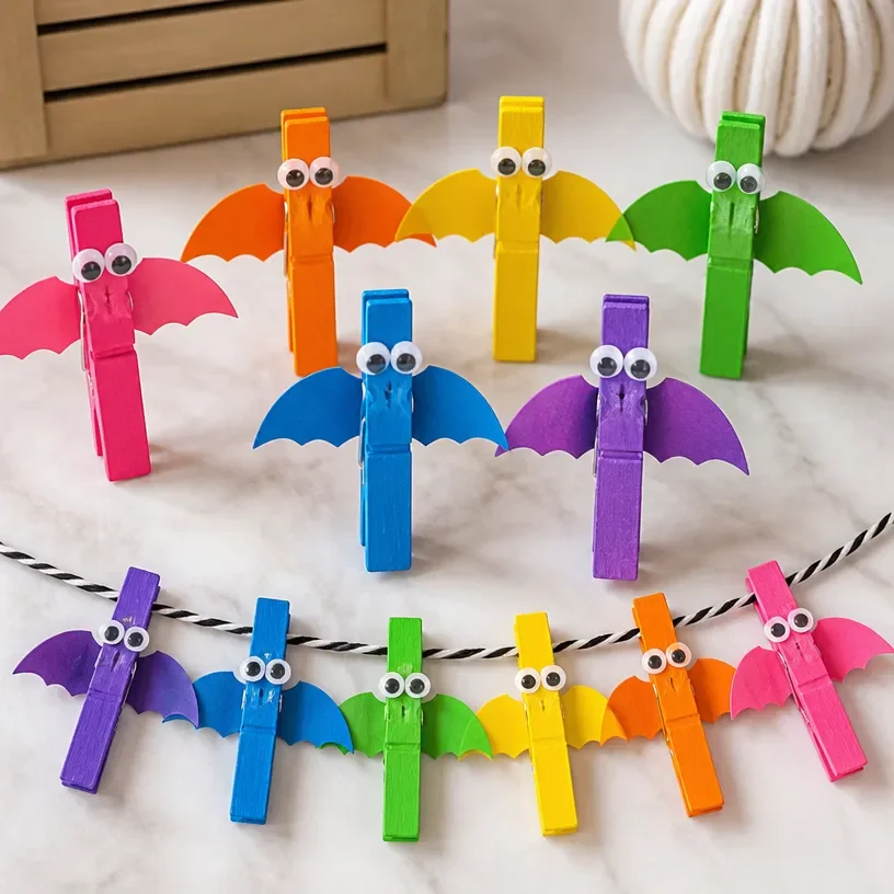 Colorful Bat Friends Craft made with rainbow clothespins for Halloween