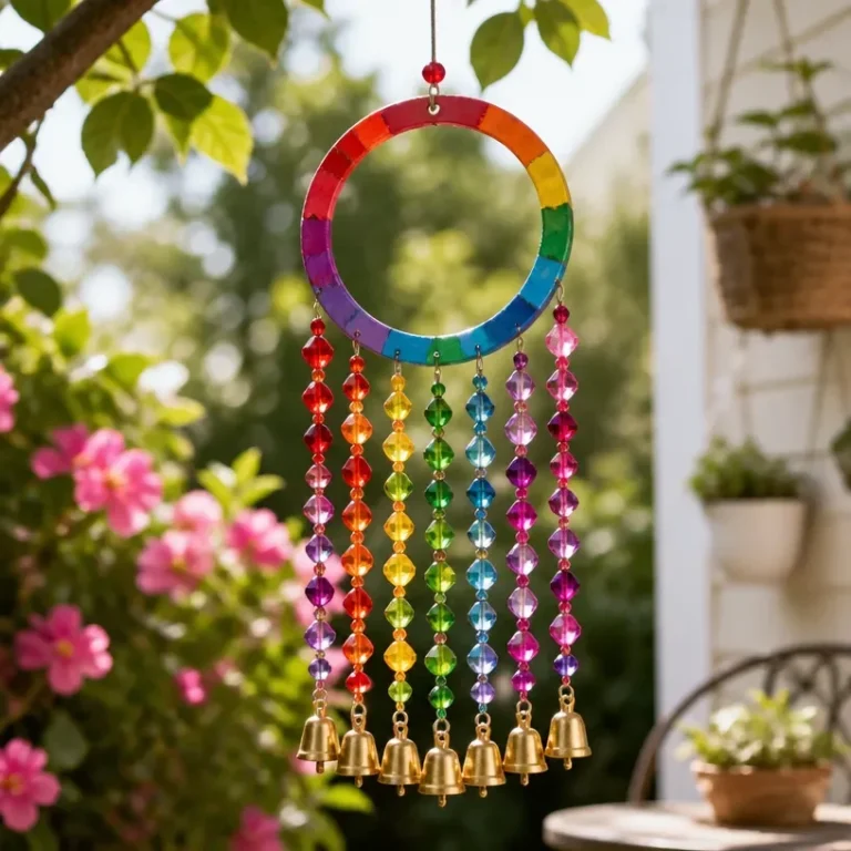 Colorful rainbow beaded wind chime for garden and outdoor decoration.