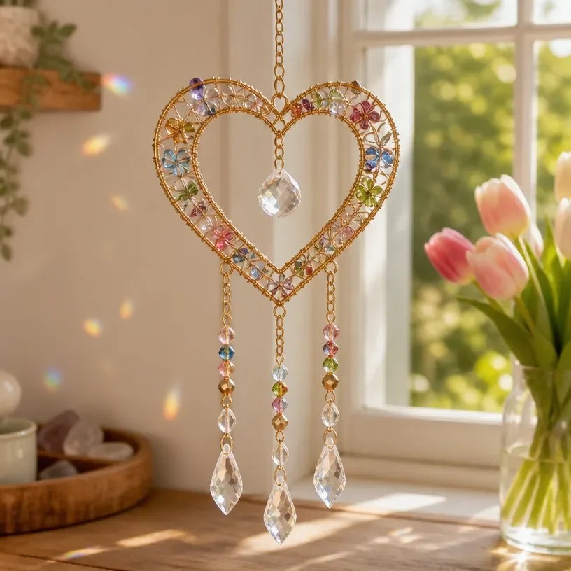 DIY beaded heart suncatcher made with colorful beads and crystals.