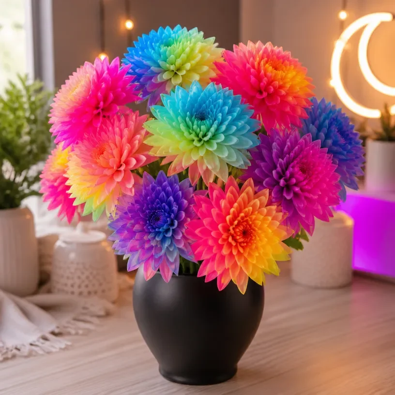 Vibrant DIY neon glow dahlia flowers arranged beautifully