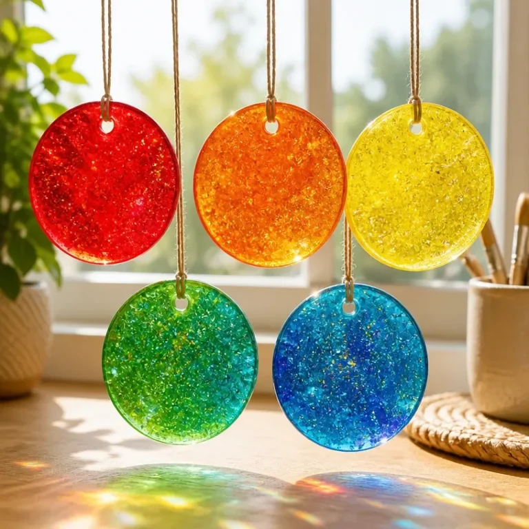 DIY rainbow disk suncatchers made with cornstarch
