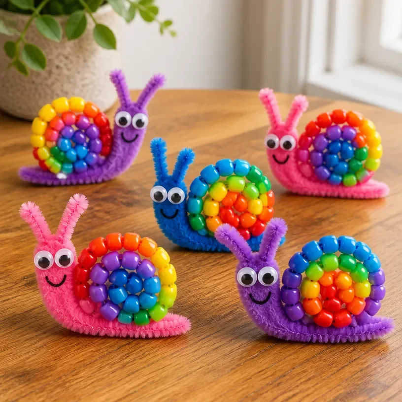 Rainbow beaded pipe cleaner snails craft project for kids