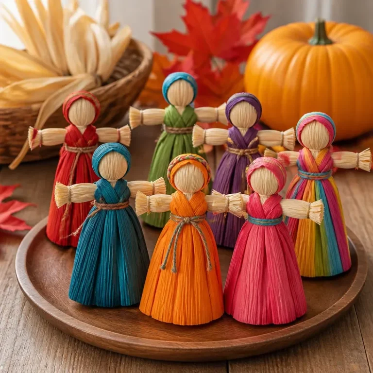 DIY Rainbow Corn-Husk Harvest Dolls craft ideas for fall decorations