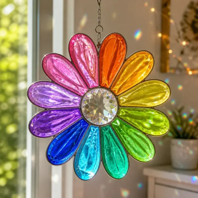 Colorful Rainbow Daisy Suncatchers enhancing light in a sunny window.