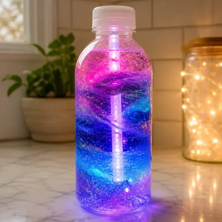 Rainbow Galaxy Bottle with Borax pipe cleaner creating a glowing artistic effect.