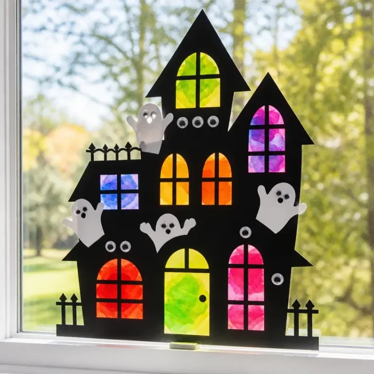 Rainbow Haunted House Window Suncatcher adds colorful decor during Halloween.