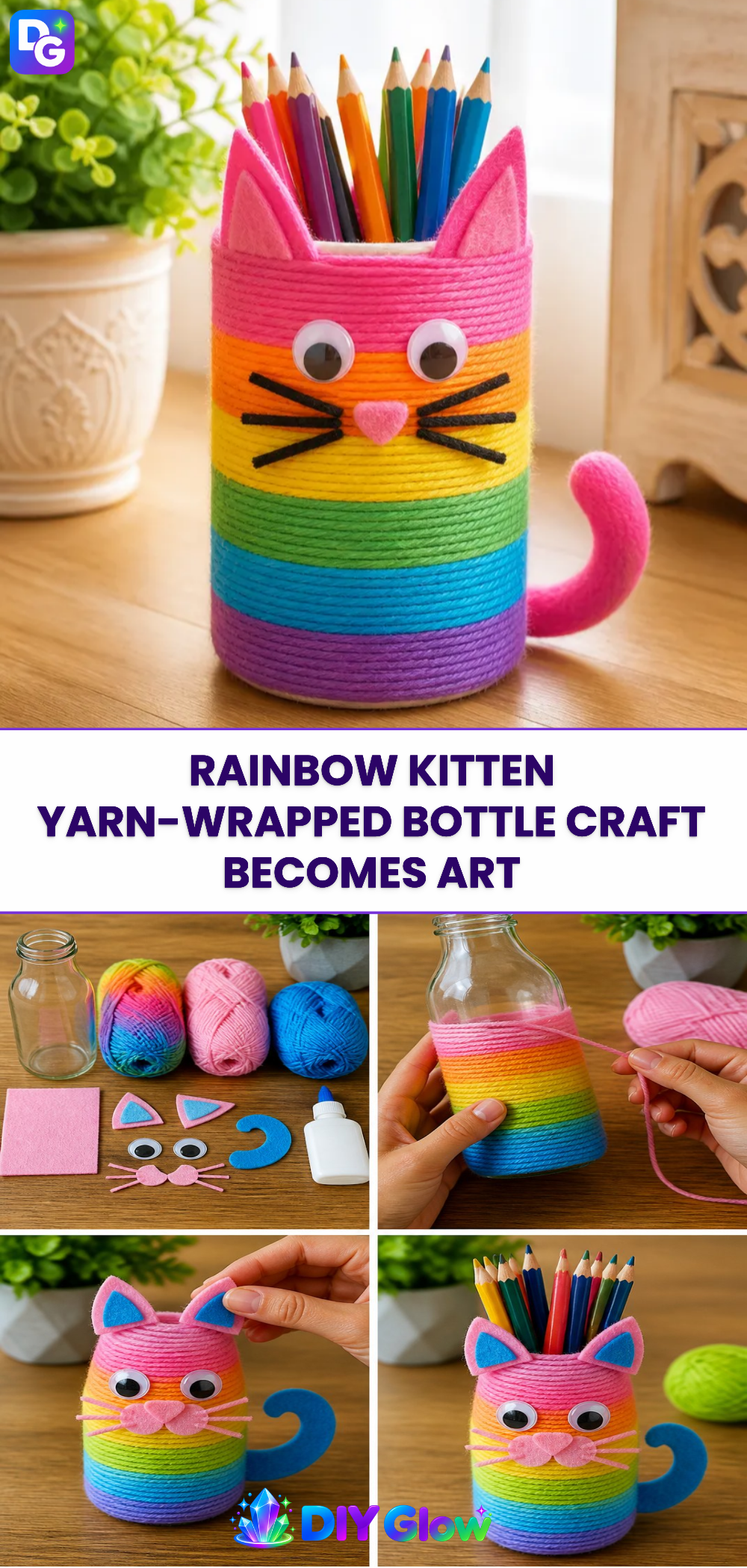 Rainbow Kitten Yarn-Wrapped Bottle Craft Becomes Art