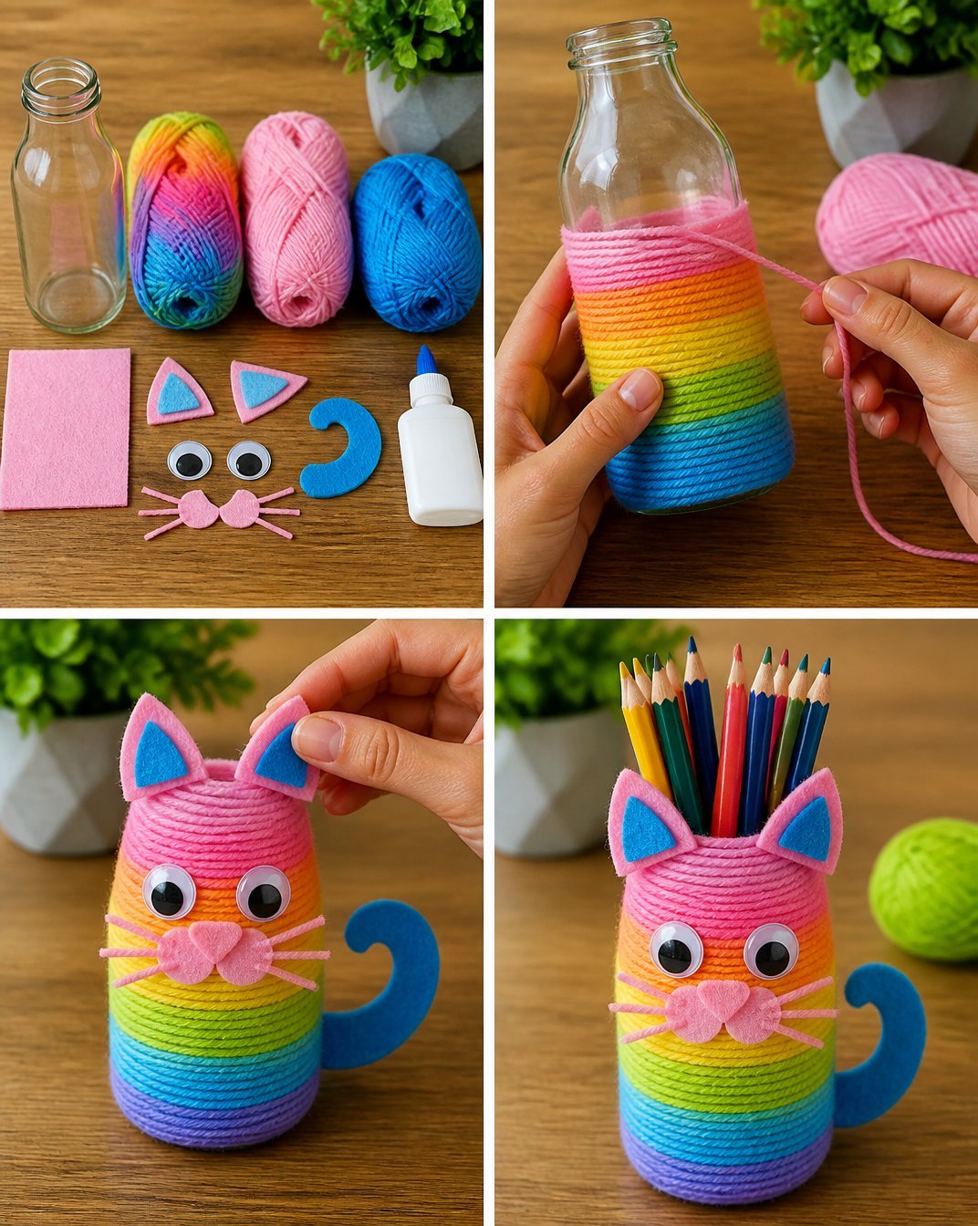 Rainbow Kitten Yarn-Wrapped Bottle Craft Becomes Art