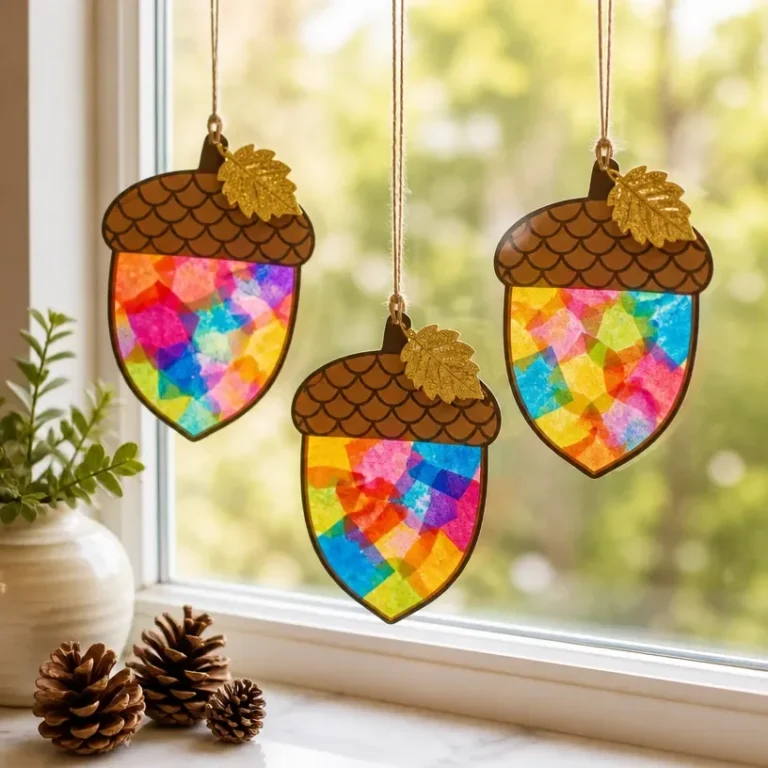Colorful rainbow marbled acorn suncatchers enhancing window decor