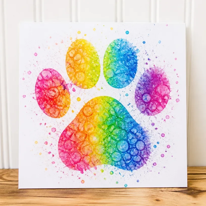 Rainbow Puppy Paw Bubble Painting artwork showcasing vibrant colors and playful designs