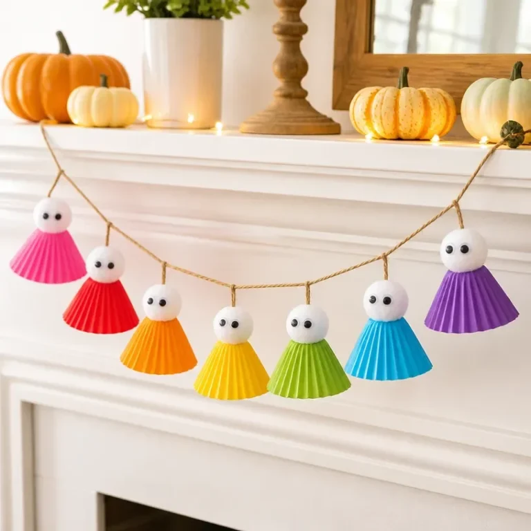 Spooky-cute rainbow ghost cupcake-liner garland for Halloween treats.